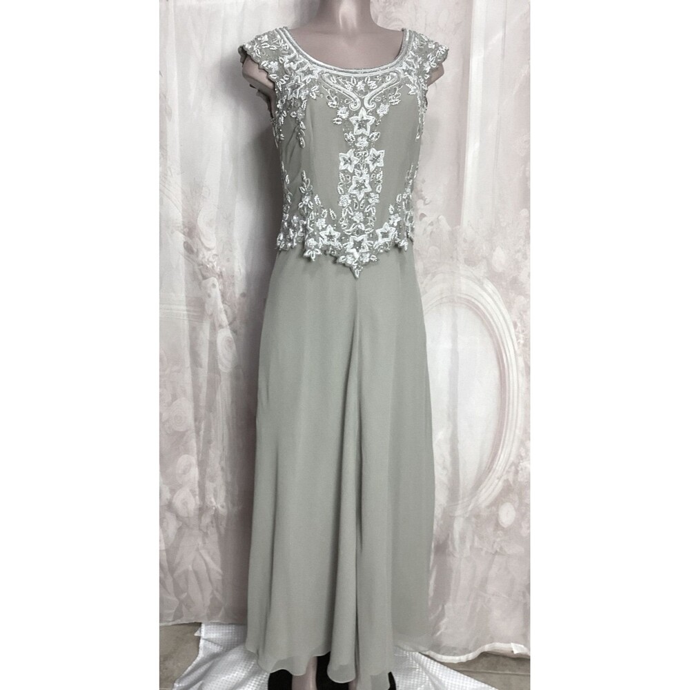 JKara Gown Women champagne beaded Sequin Cap Sleeve Scallop long formal dress 6